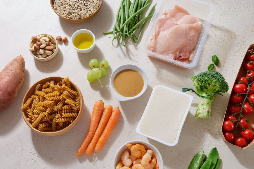 items out on a counter being used the meal prep